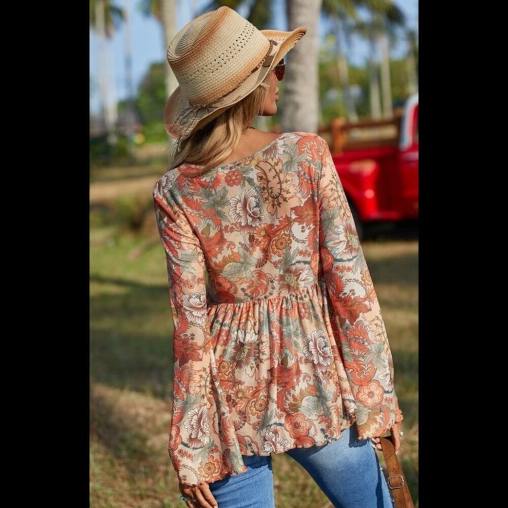 Bell sleeve peplum v neck boho gypsy hippie 70s floral print blouse - Picture 2 of 2